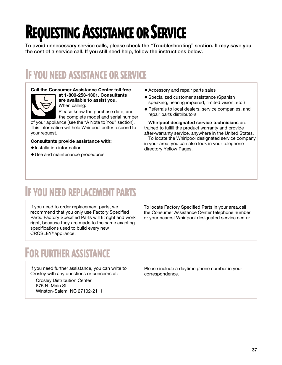 Requesting assistance or service, Equesting, Ssistance | Ervice, Need, Assistance, Service, Replacement, Parts, Further | Whirlpool CES365H User Manual | Page 37 / 40