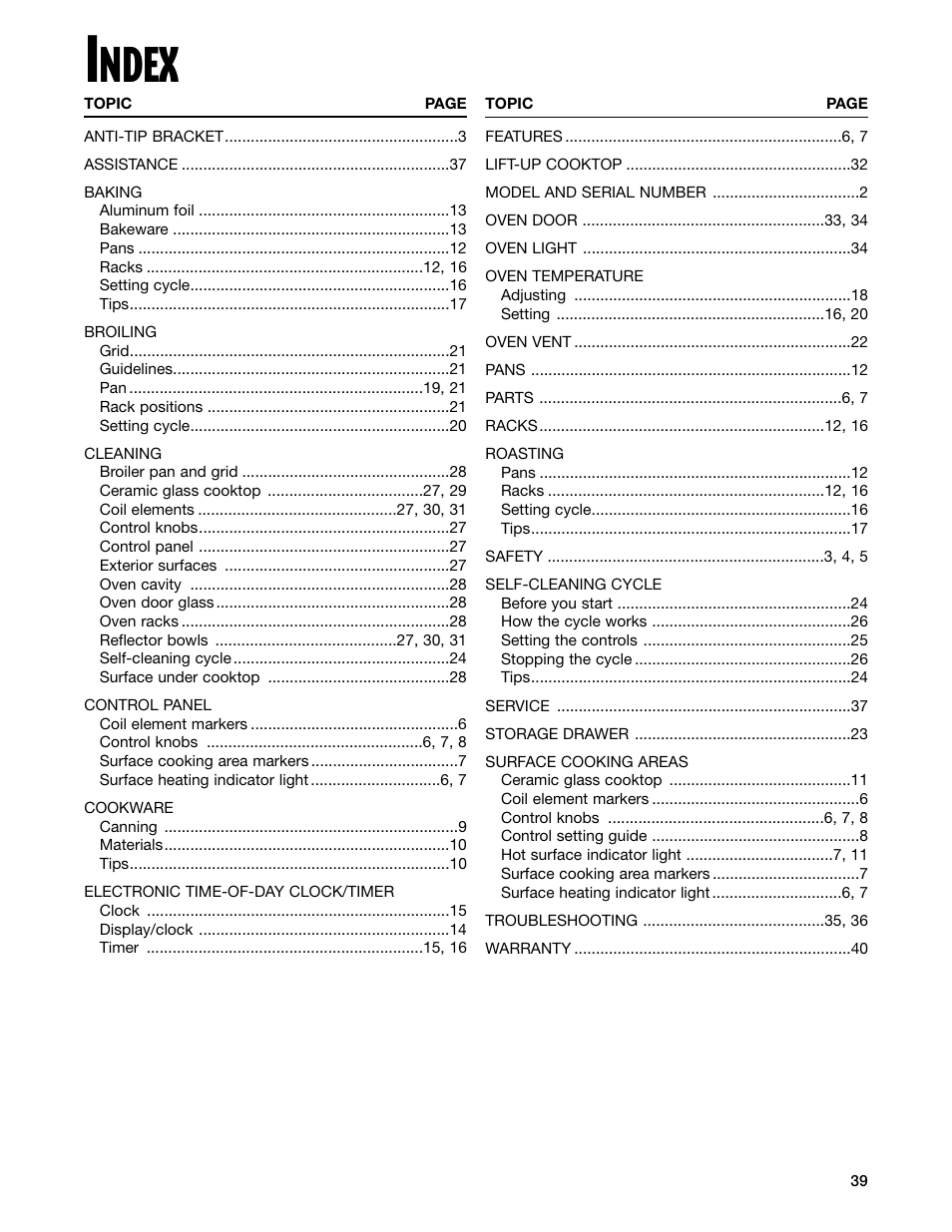 Index, Ndex | Whirlpool CES365H User Manual | Page 39 / 40