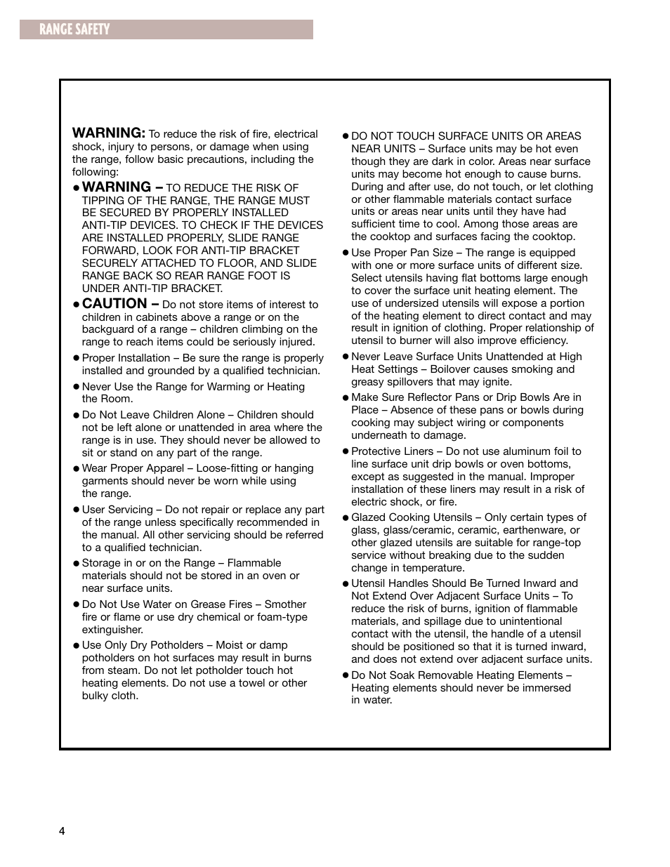 Important safety instructions, Save these instructions, Range safety | Whirlpool CES365H User Manual | Page 4 / 40