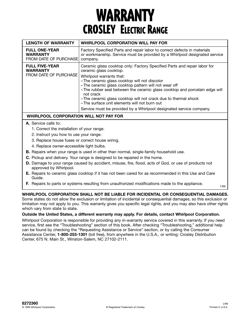 Warranty, Crosley, Lectric | Ange | Whirlpool CES365H User Manual | Page 40 / 40