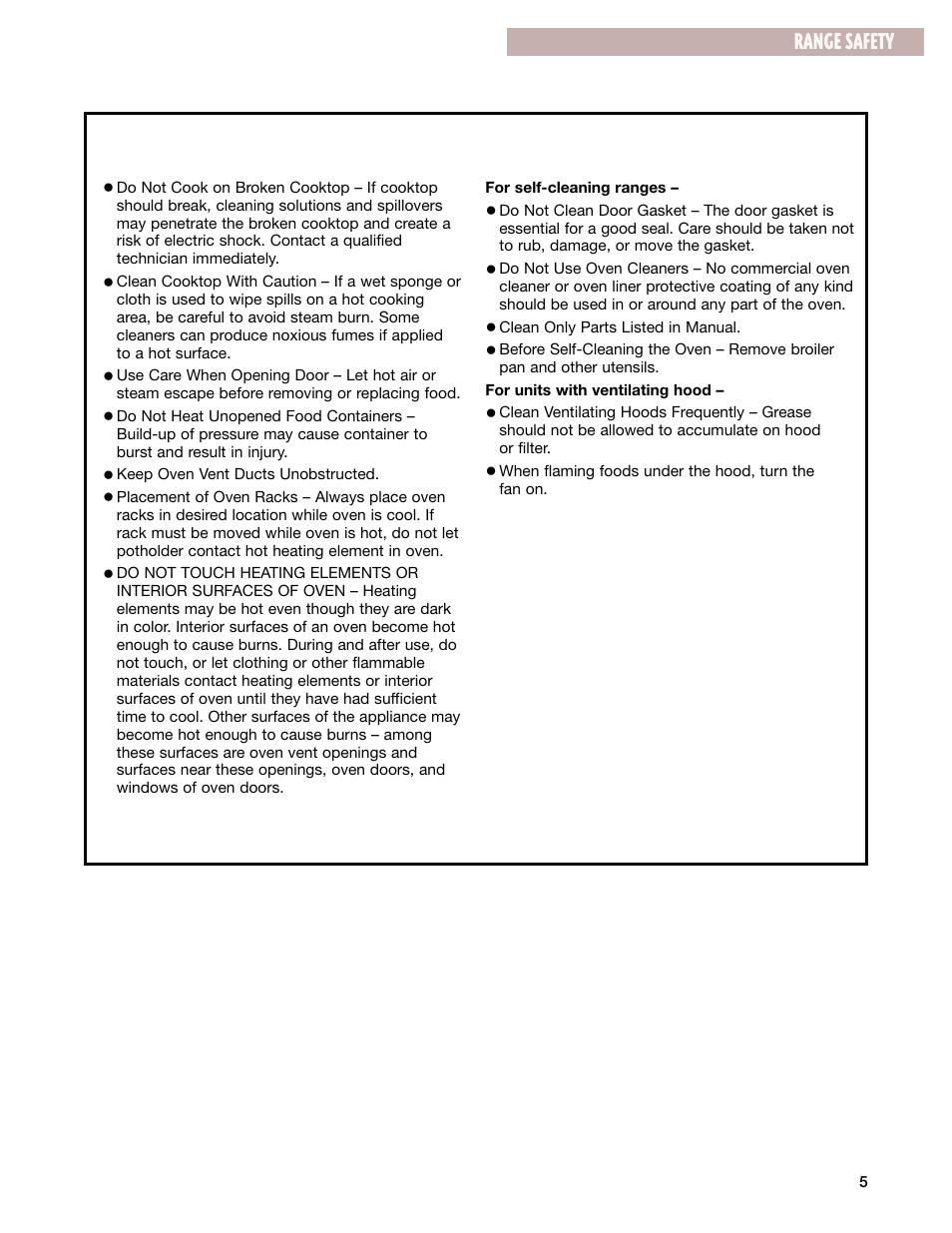 Range safety | Whirlpool CES365H User Manual | Page 5 / 40