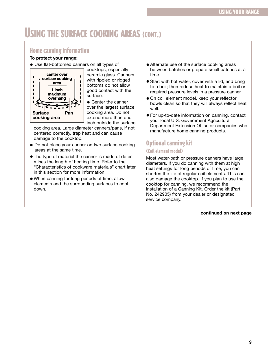 Sing the surface cooking areas, Cont, Home canning information | Optional canning kit, Using your range | Whirlpool CES365H User Manual | Page 9 / 40