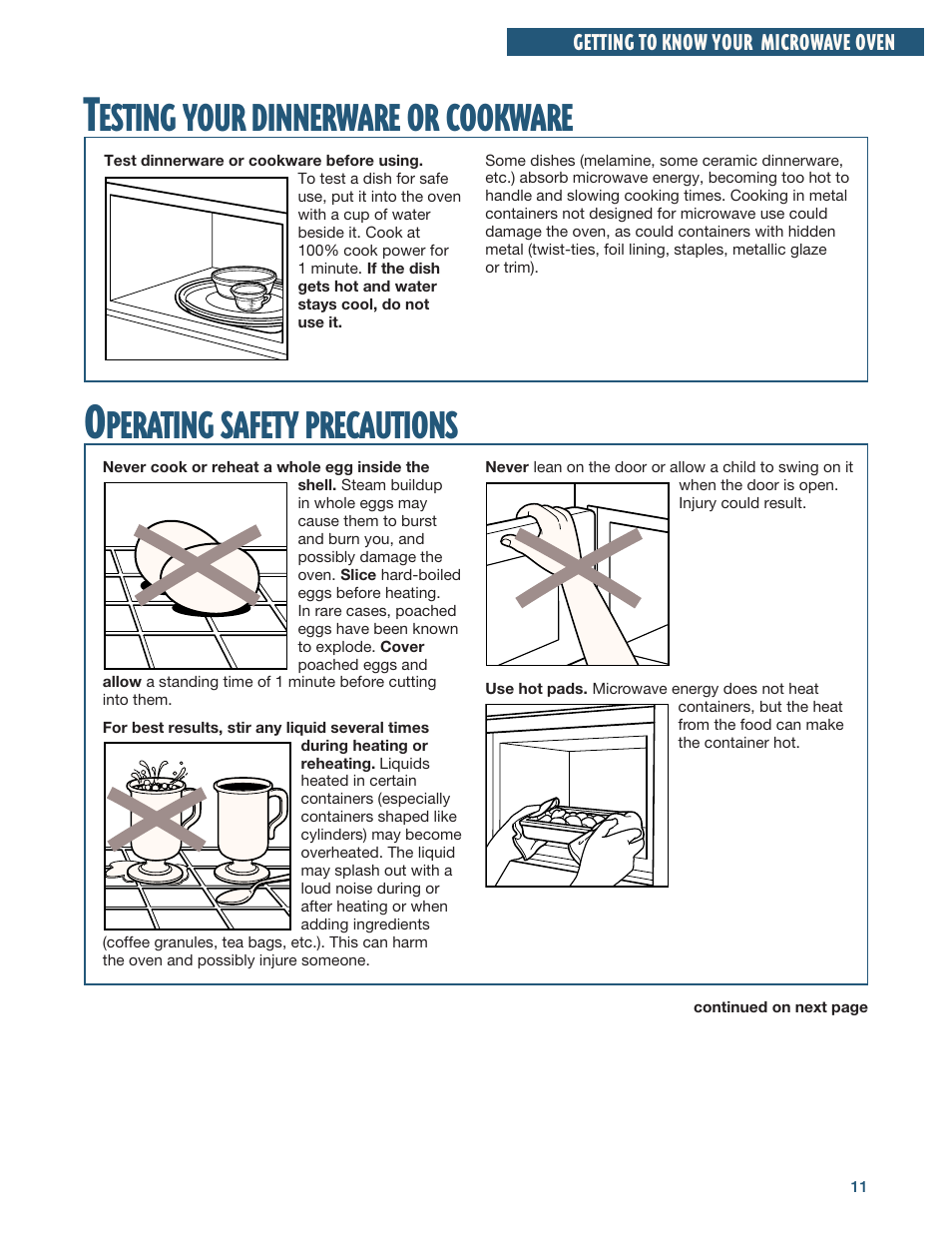 Testing your dinnerware or cookware, Operating safety precautions, Perating | Safety, Precautions, Esting, Your, Dinnerware, Cookware | Whirlpool YMH6140XF User Manual | Page 11 / 44