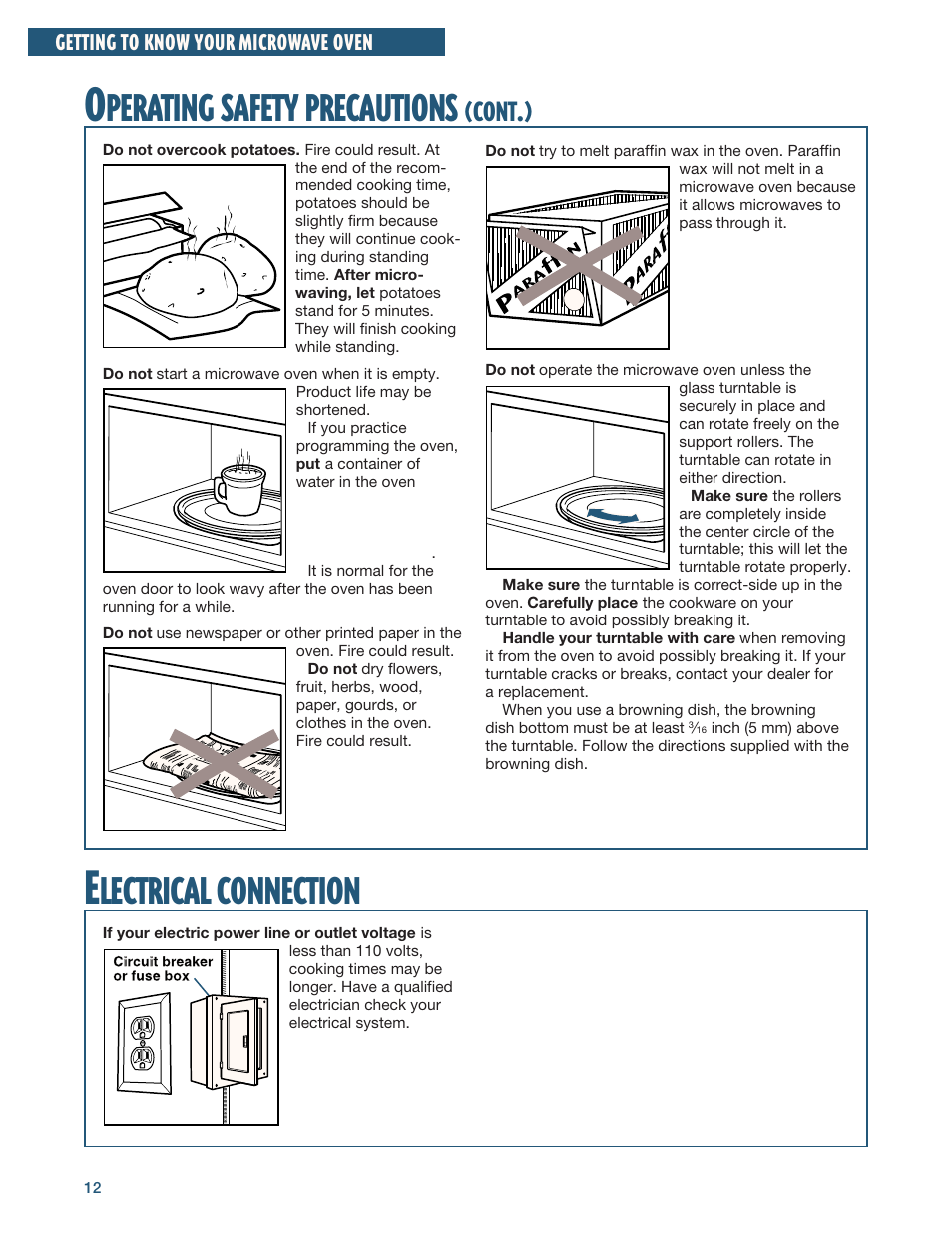 Electrical connection, Lectrical, Connection | Perating, Safety, Precautions, Cont | Whirlpool YMH6140XF User Manual | Page 12 / 44