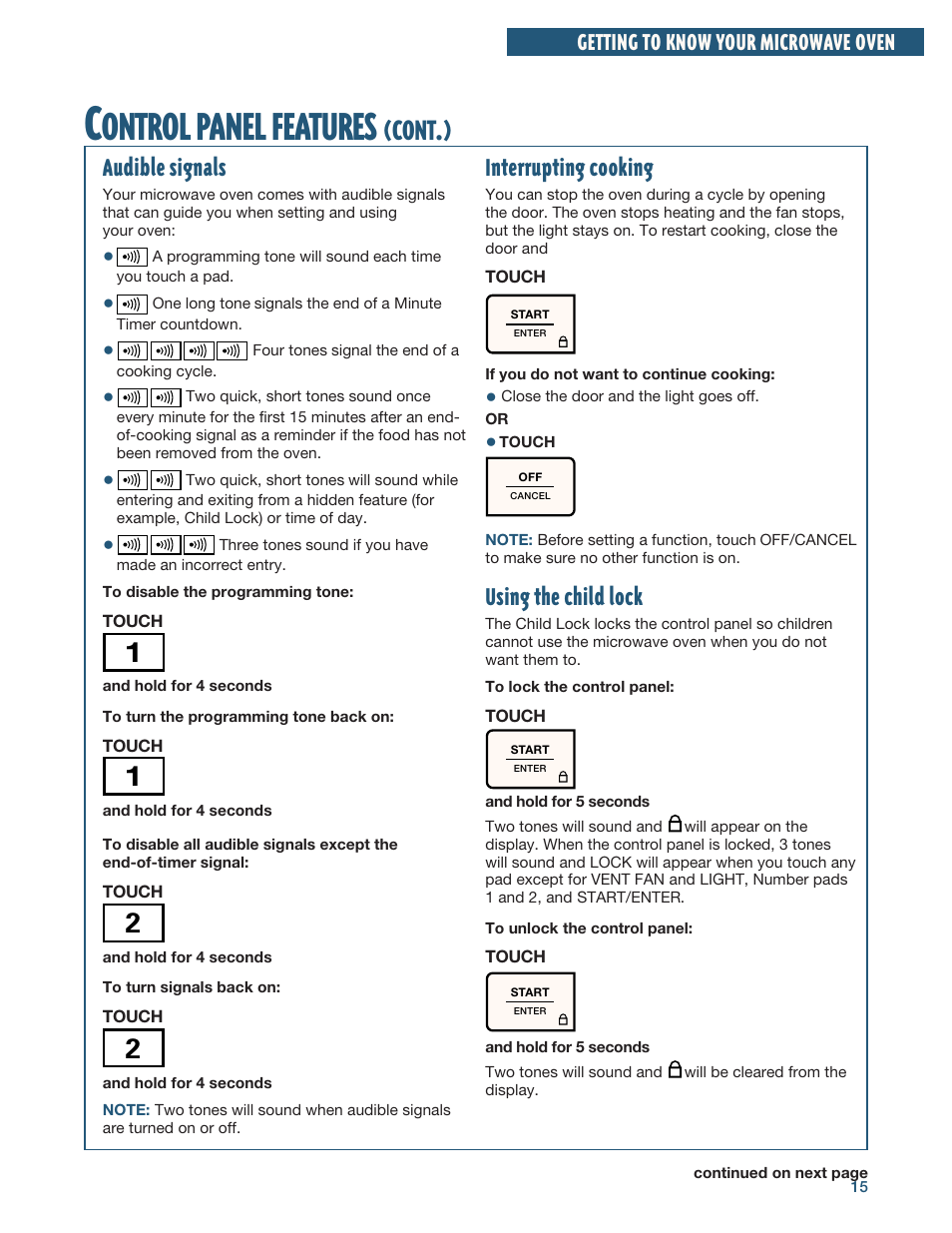 Ontrol, Panel, Features | Cont, Interrupting cooking, Using the child lock, Audible signals, Getting to know your microwave oven | Whirlpool YMH6140XF User Manual | Page 15 / 44