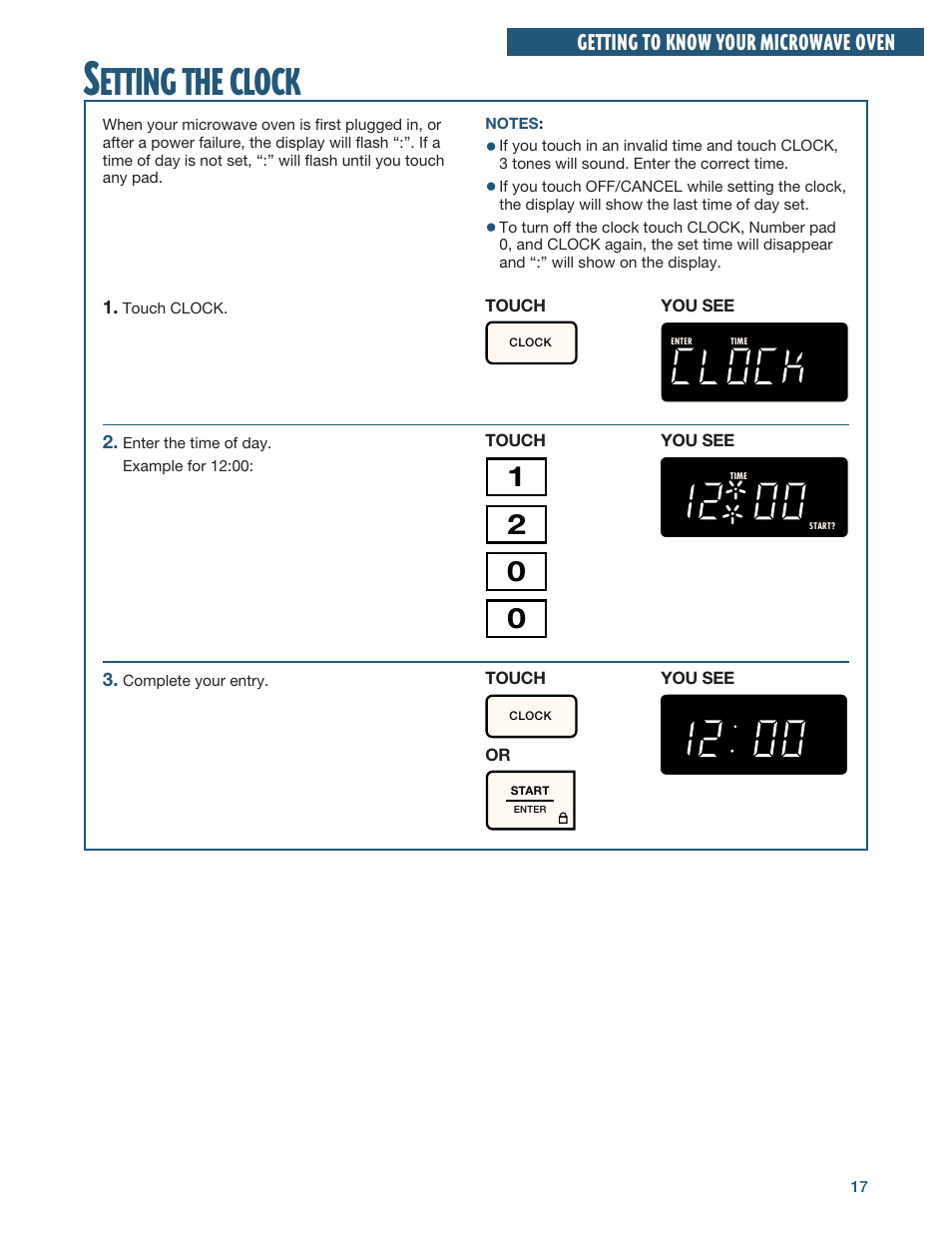 Setting the clock, Etting, Clock | Getting to know your microwave oven | Whirlpool YMH6140XF User Manual | Page 17 / 44