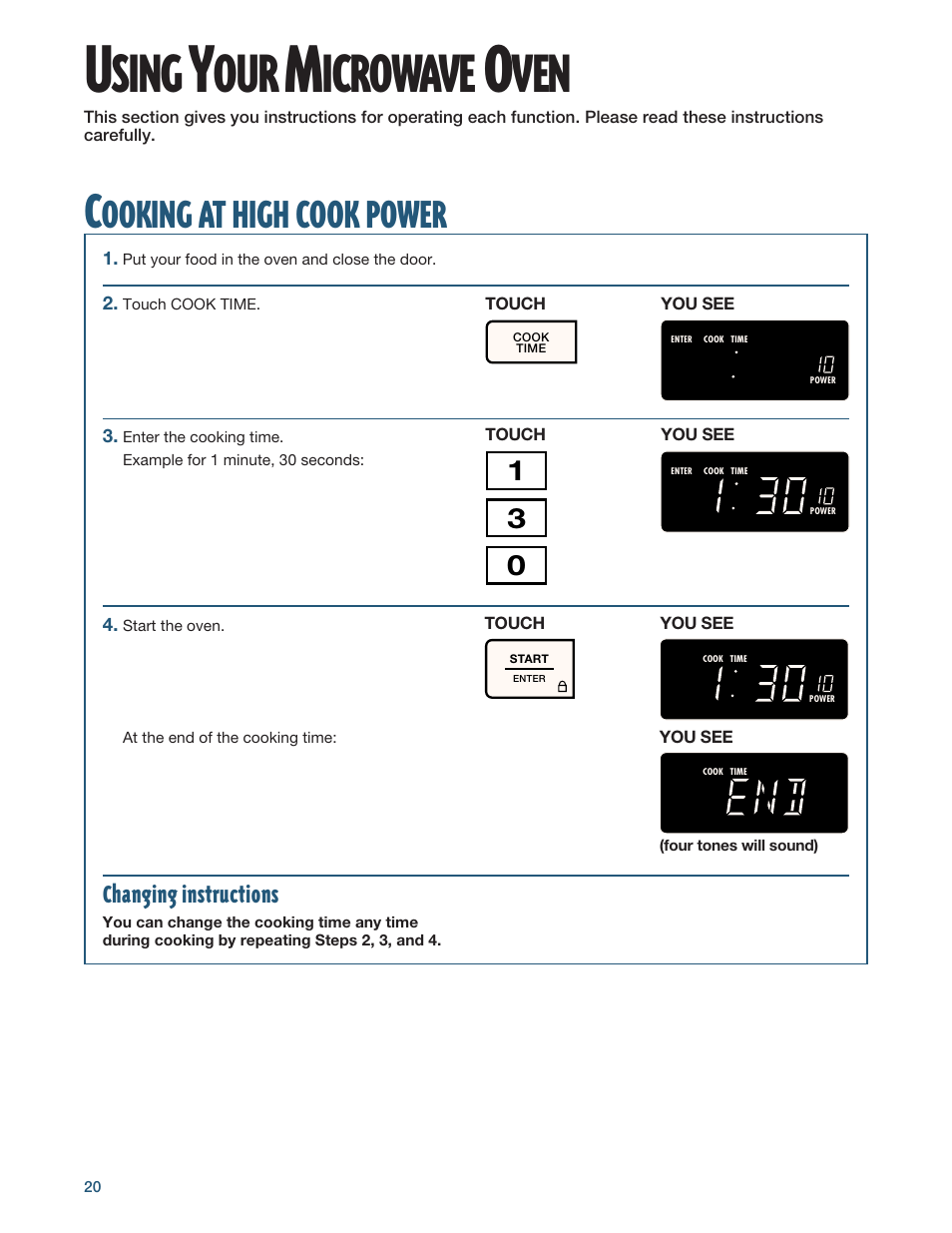 Using your microwave oven, Cooking at high cook power, Sing | Icrowave, Ooking, High, Cook, Power | Whirlpool YMH6140XF User Manual | Page 20 / 44