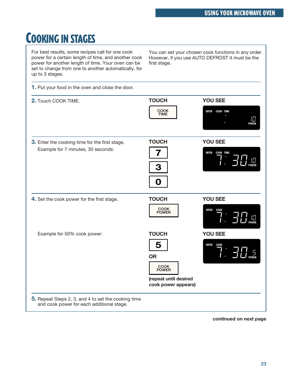 Cooking in stages, Ooking, Stages | Using your microwave oven | Whirlpool YMH6140XF User Manual | Page 23 / 44
