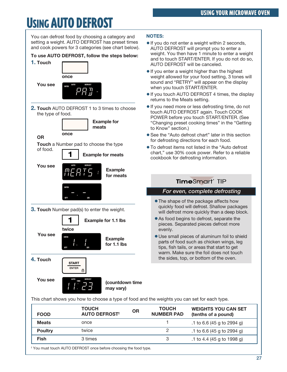 Using auto defrost, Auto defrost, Sing | Using your microwave oven, For even, complete defrosting, Touch number pad 1 2 3 or, Touch, Once, Touch number pad(s) to enter the weight. you see, Touch you see | Whirlpool YMH6140XF User Manual | Page 27 / 44