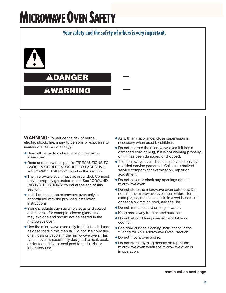 Microwave oven safety, Icrowave, Afety | Wdanger w warning, Important safety instructions, Save these instructions | Whirlpool YMH6140XF User Manual | Page 3 / 44