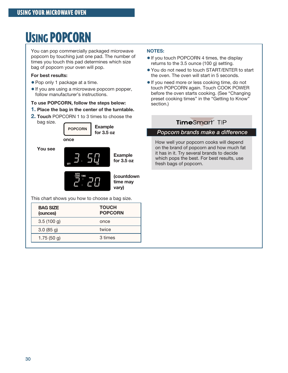 Using popcorn, Popcorn, Sing | Using your microwave oven, Popcorn brands make a difference | Whirlpool YMH6140XF User Manual | Page 30 / 44