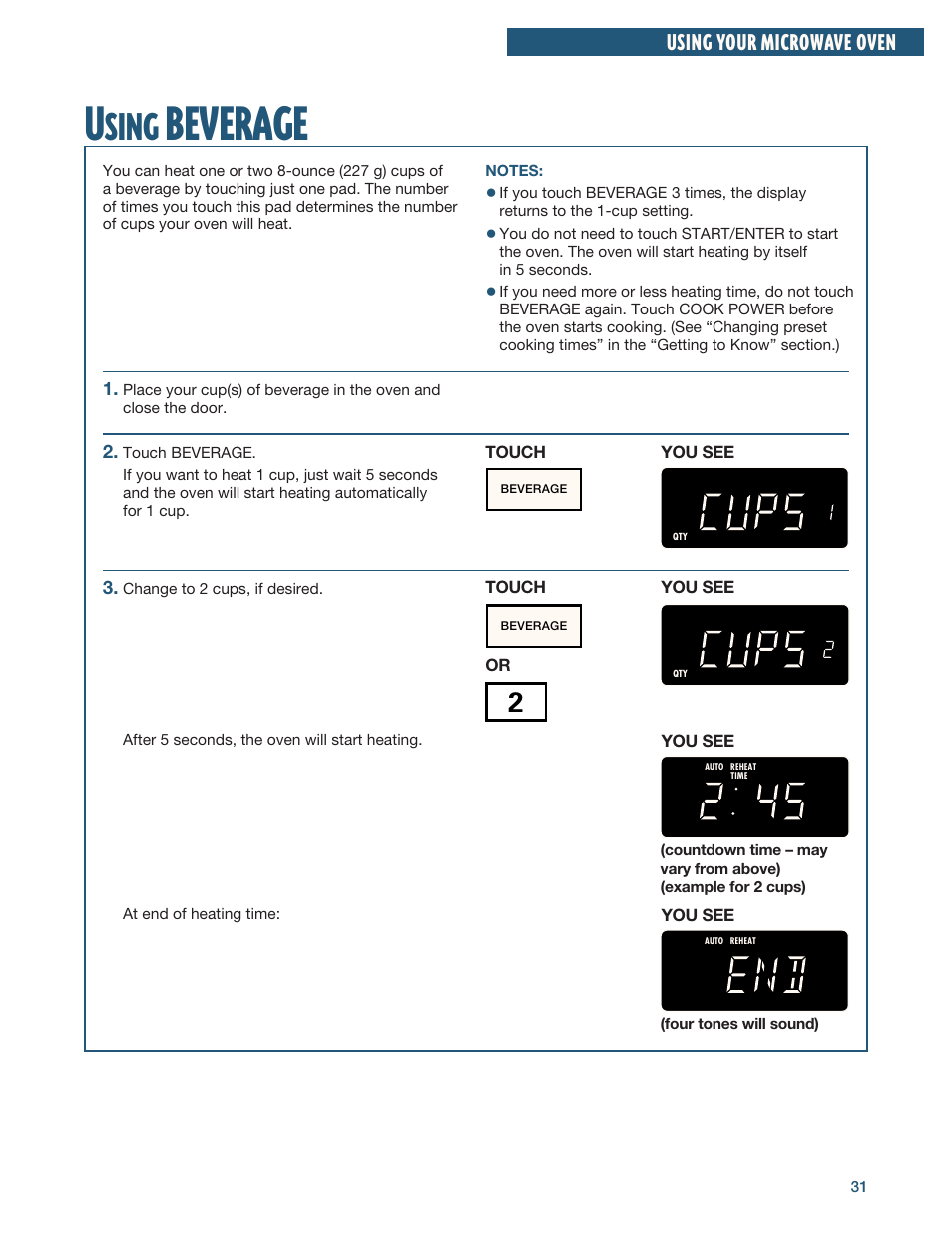 Using beverage, Beverage, Sing | Using your microwave oven | Whirlpool YMH6140XF User Manual | Page 31 / 44