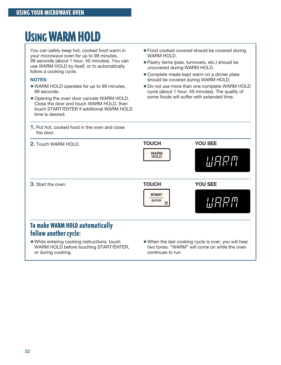 Using warm hold, Warm hold, Sing | Using your microwave oven | Whirlpool YMH6140XF User Manual | Page 32 / 44