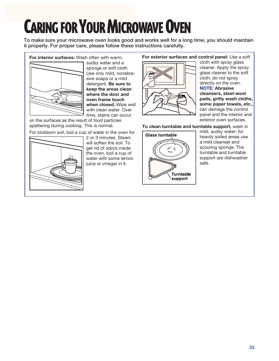 Caring for your microwave oven, Aring, Icrowave | Whirlpool YMH6140XF User Manual | Page 33 / 44