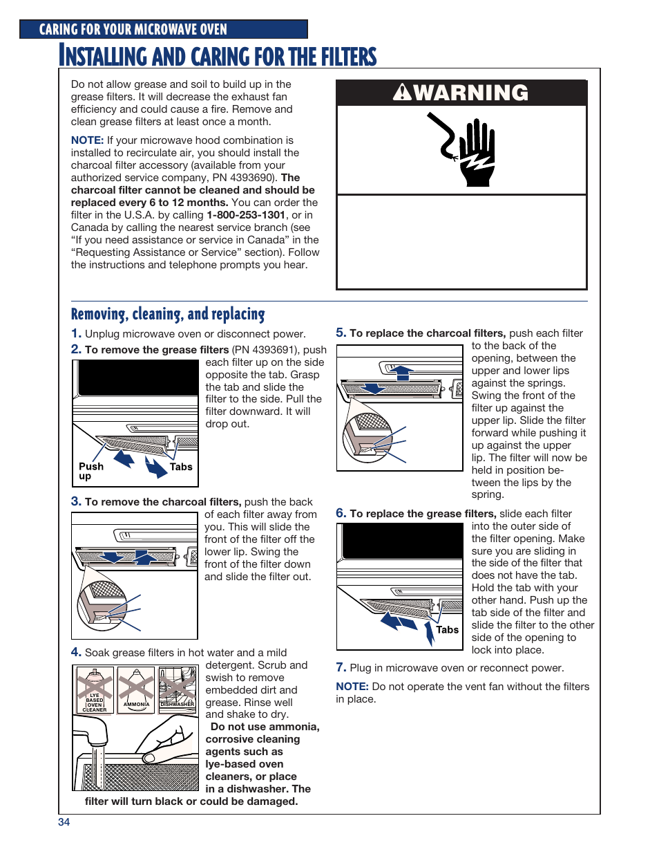 Nstalling, Caring, Filters | Wwarning, Removing, cleaning, and replacing, Caring for your microwave oven | Whirlpool YMH6140XF User Manual | Page 34 / 44