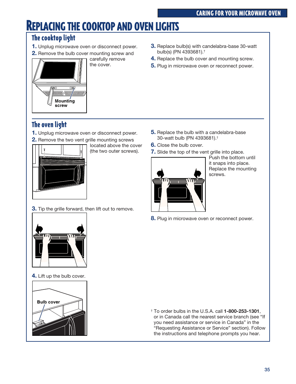 Eplacing, Cooktop, Oven | Lights | Whirlpool YMH6140XF User Manual | Page 35 / 44