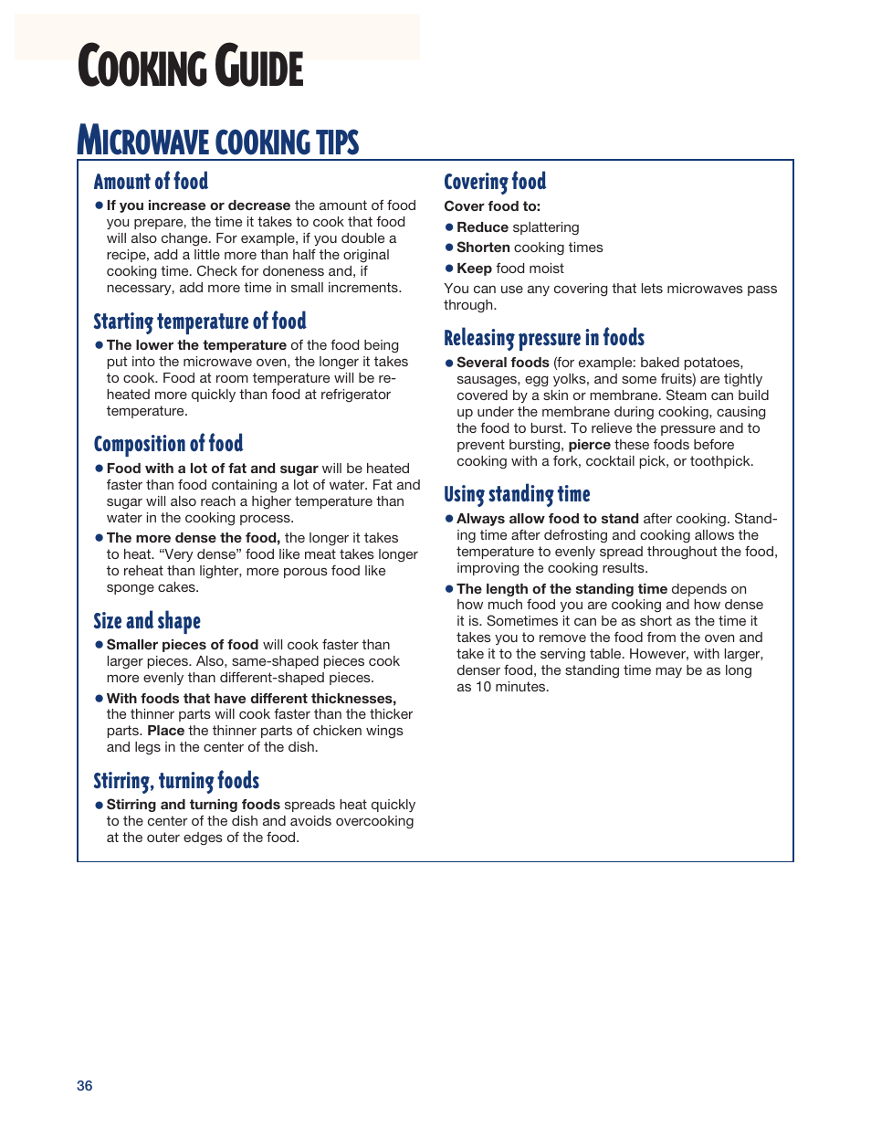 Cooking guide, Ooking, Uide | Icrowave, Cooking, Tips | Whirlpool YMH6140XF User Manual | Page 36 / 44