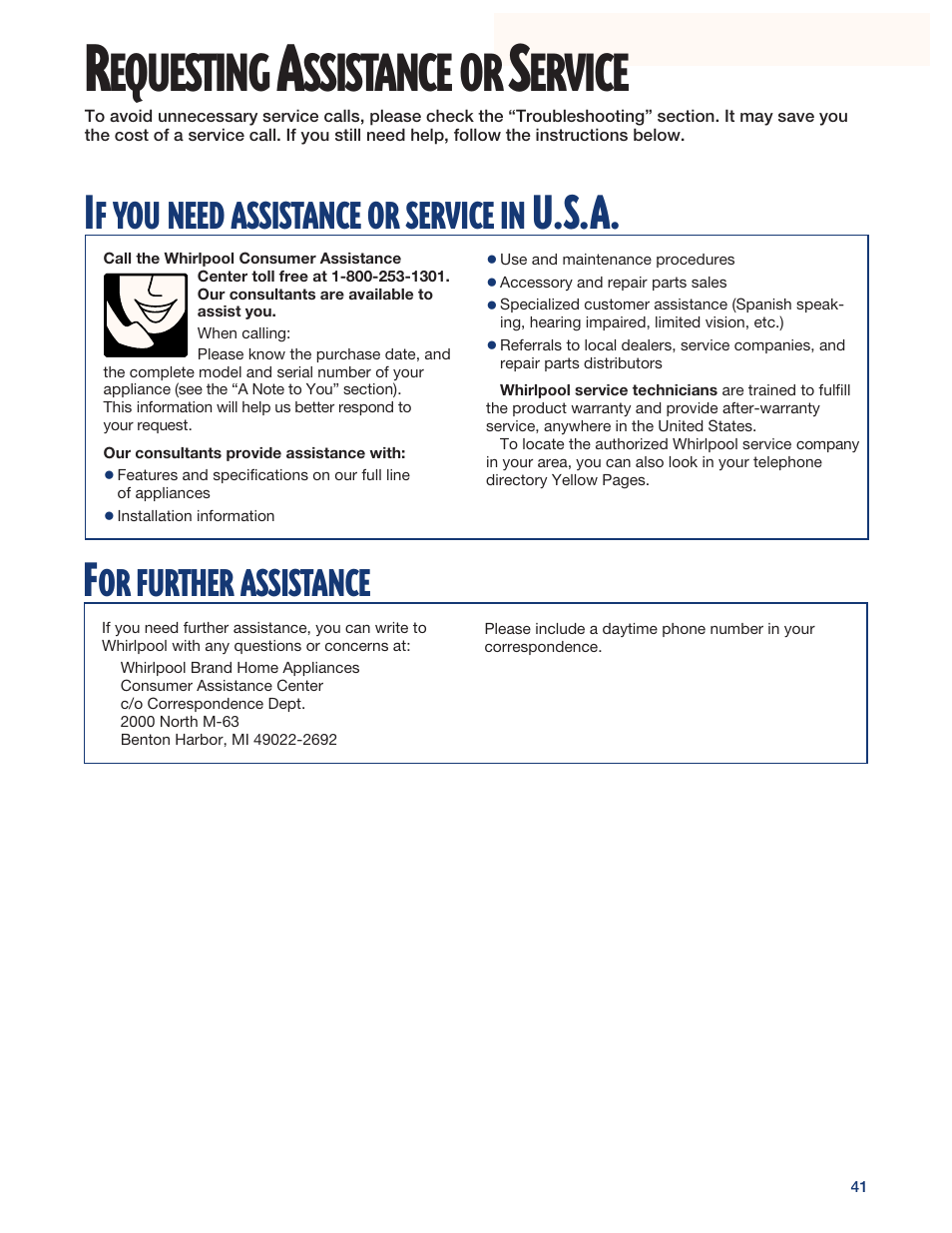 Requesting assistance or service, Equesting, Ssistance | Ervice, U.s.a, Further, Assistance, Need, Service | Whirlpool YMH6140XF User Manual | Page 41 / 44