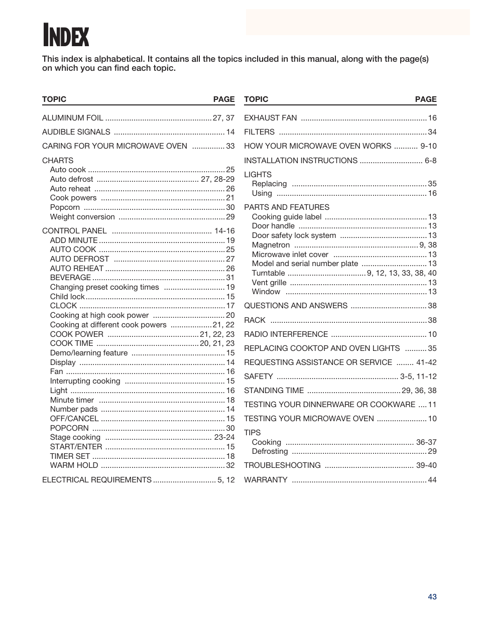 Index, Ndex | Whirlpool YMH6140XF User Manual | Page 43 / 44