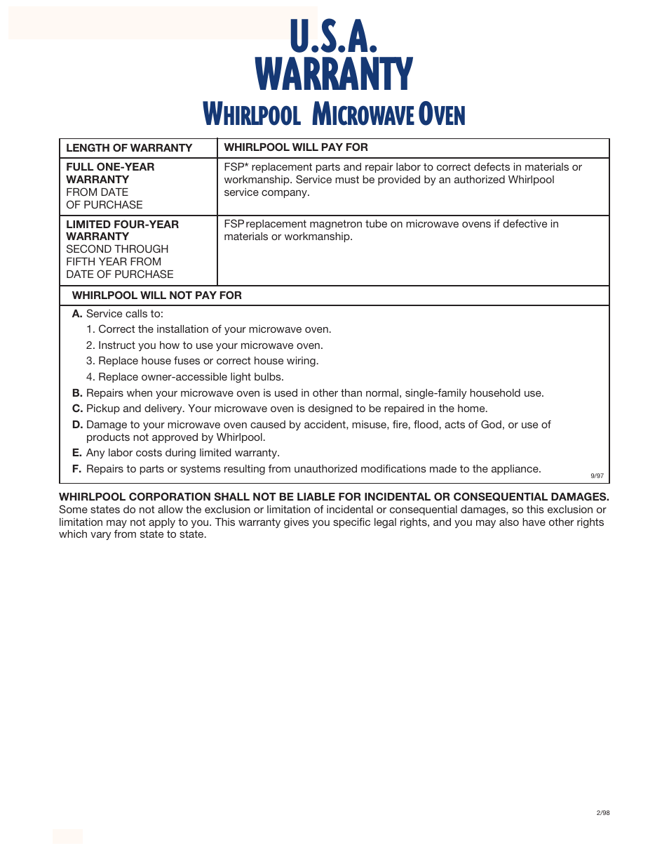 Warranty, U.s.a. warranty, Hirlpool | Icrowave | Whirlpool YMH6140XF User Manual | Page 44 / 44