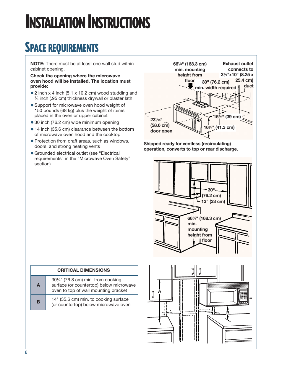 Installation instructions, Nstallation, Nstructions | Pace, Requirements | Whirlpool YMH6140XF User Manual | Page 6 / 44