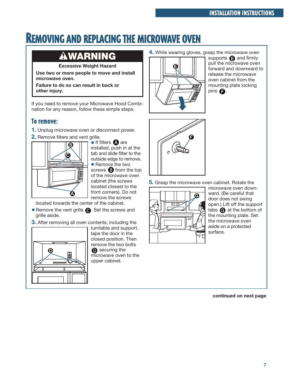 Emoving, Replacing, Microwave | Oven, Wwarning | Whirlpool YMH6140XF User Manual | Page 7 / 44