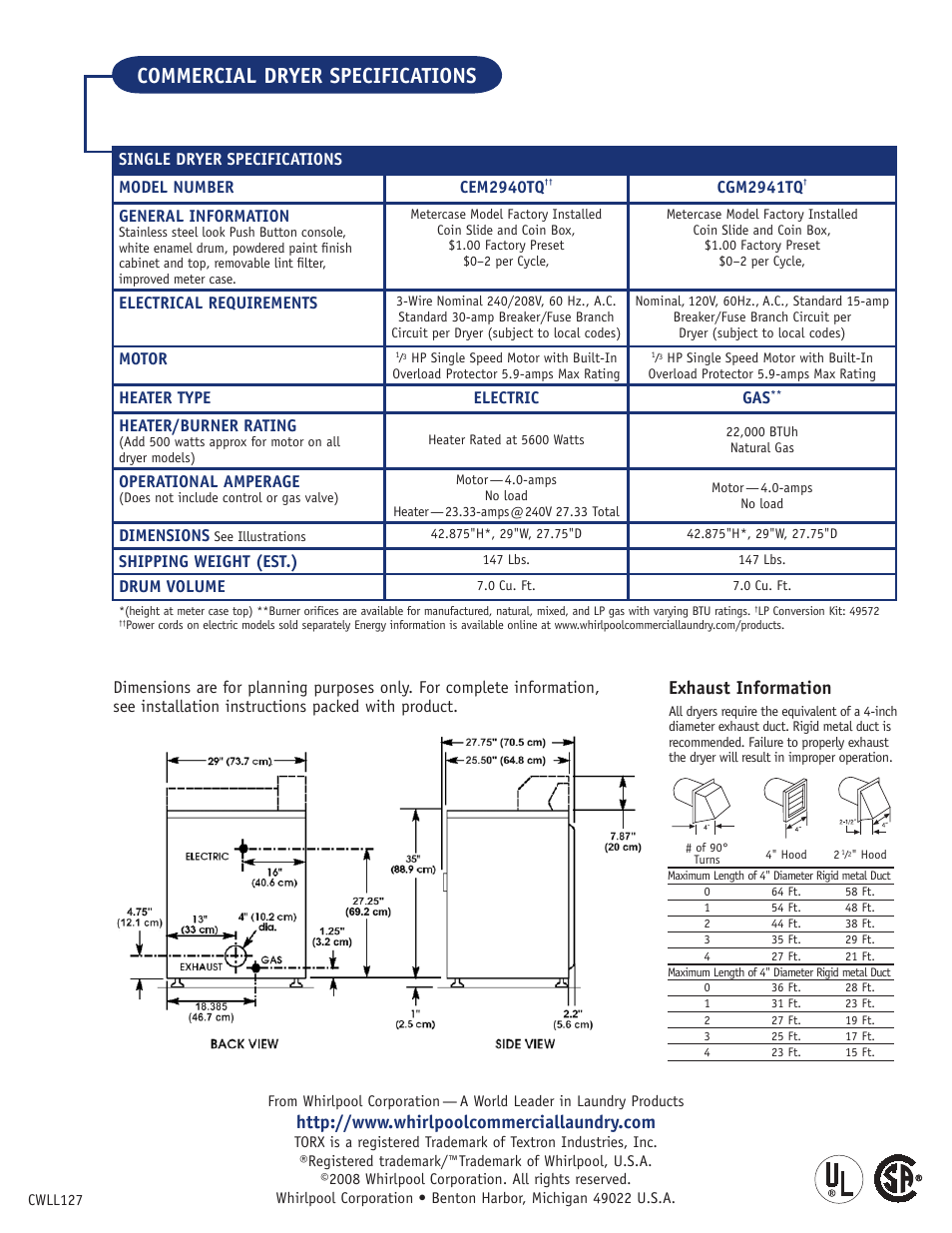 Commercial dryer specifications, Exhaust information, Single dryer specifications model number cem2940tq | Cgm2941tq, General information, Electrical requirements, Motor, Heater type electric gas, Heater/burner rating, Operational amperage | Whirlpool CGM2941TQ User Manual | Page 2 / 2