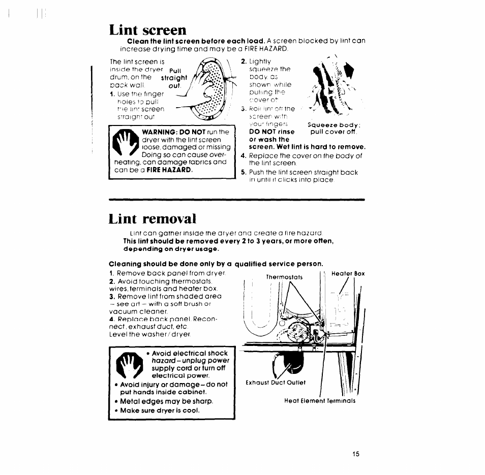 Lint screen, Lint removal | Whirlpool LT5009XM User Manual | Page 15 / 20