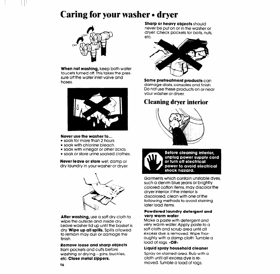 Cleaning dryer interior, Caring for your washer • dryer | Whirlpool LT5009XM User Manual | Page 16 / 20