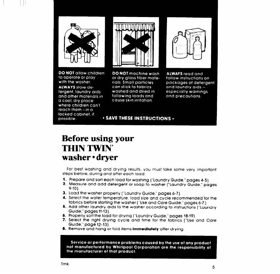 Before using your thin twin washer • dryer | Whirlpool LT5009XM User Manual | Page 5 / 20