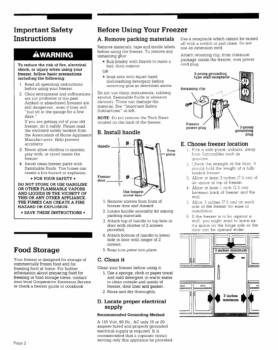 B. install handle, C. clean it, D. locate proper electrical supply | E. choose freezer location, Important safety instructions, Before using your freezer, Food storage, Warning, A. remove packing materials | Whirlpool RV15EFR User Manual | Page 2 / 8