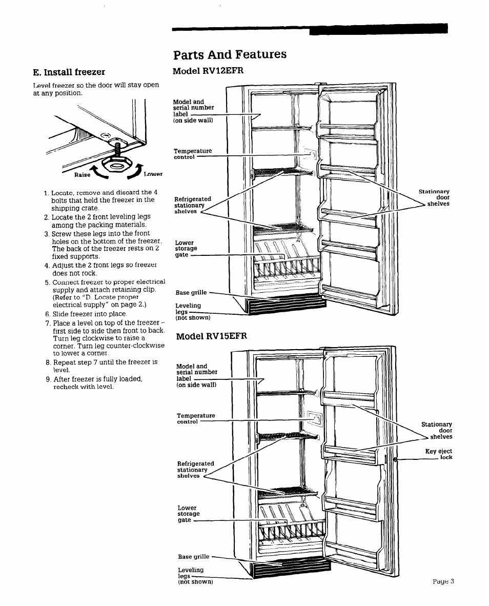 E. install freezer, Parts and features, Model rv12efr | Model rv15efr | Whirlpool RV15EFR User Manual | Page 3 / 8