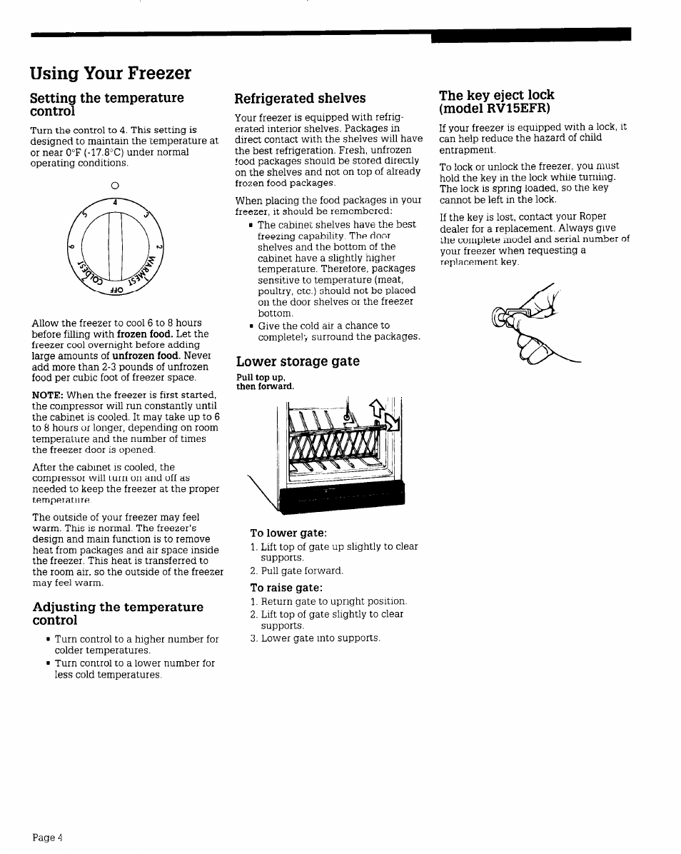 Setting the temperature control, Adjusting the temperature control, Refrigerated shelves | Lower storage gate, The key eject lock (model rv15efr), Using your freezer | Whirlpool RV15EFR User Manual | Page 4 / 8