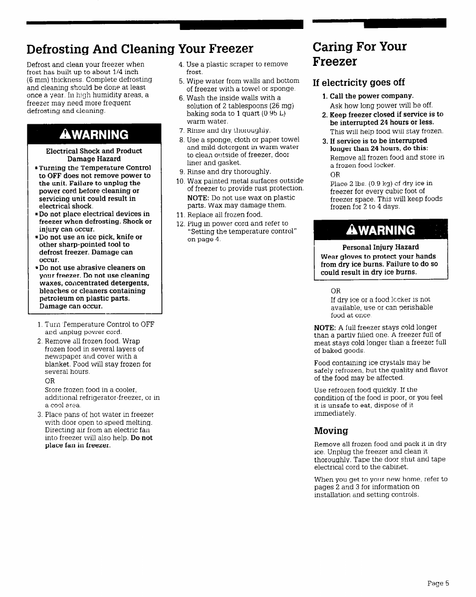 If electricity goes off, Defrosting and cleaning your freezer, Caring for your freezer | Awarning, Warning, Moving | Whirlpool RV15EFR User Manual | Page 5 / 8