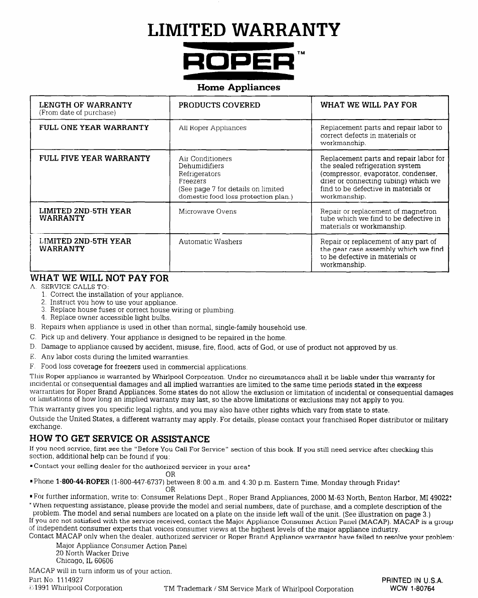 Limited warranty, Home appliances, What we will not pay for | How to get service or assistance | Whirlpool RV15EFR User Manual | Page 8 / 8