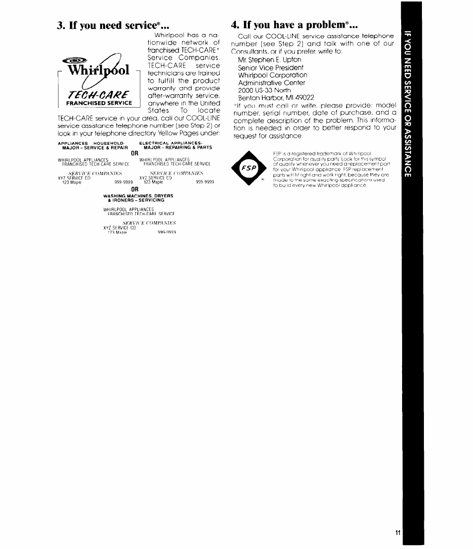 Whirlpool, If you need serviee, If you have a problem | Whirlpool EH150F User Manual | Page 11 / 12