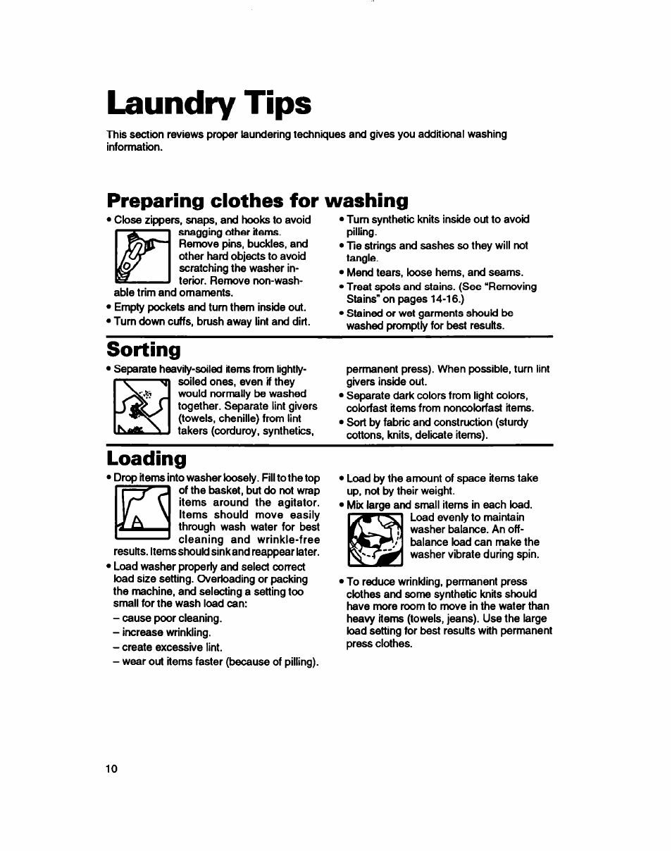 Laundry tips, Preparing clothes for washing, Sorting | Loading | Whirlpool Roper RAB4232DL0 User Manual | Page 10 / 20