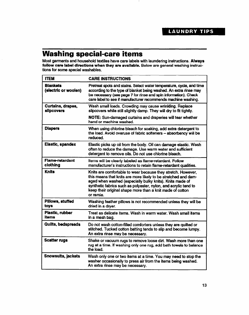 Washing special-care items | Whirlpool Roper RAB4232DL0 User Manual | Page 13 / 20