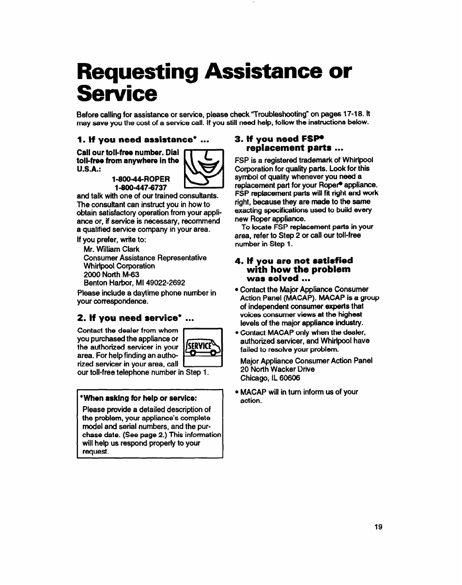 Requesting assistance or service, If you need assistance, If you need service | If you need fsp* replacement parts | Whirlpool Roper RAB4232DL0 User Manual | Page 17 / 20