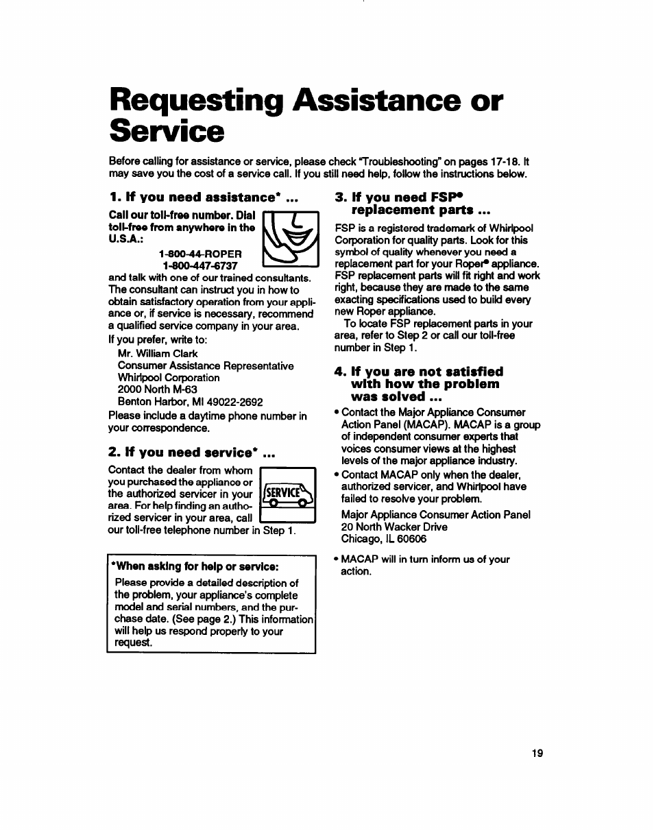 Requesting assistance or service, If you need assistance, If you need service | If you need fsp* replacement parts | Whirlpool Roper RAB4232DL0 User Manual | Page 19 / 20