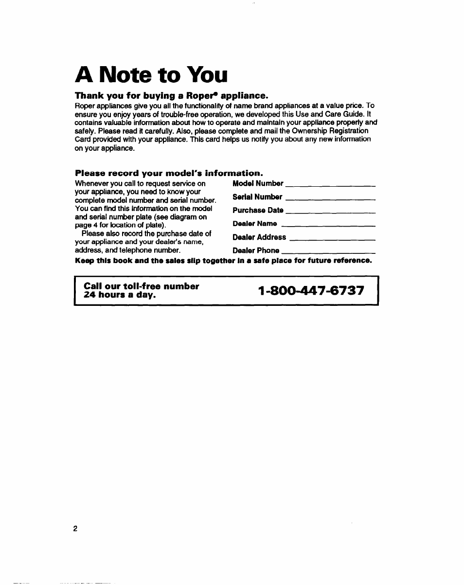 A note to you, Thank you for buying a roper* appliance, Please record your model's information | Call our toll-free number 24 hours a day | Whirlpool Roper RAB4232DL0 User Manual | Page 2 / 20