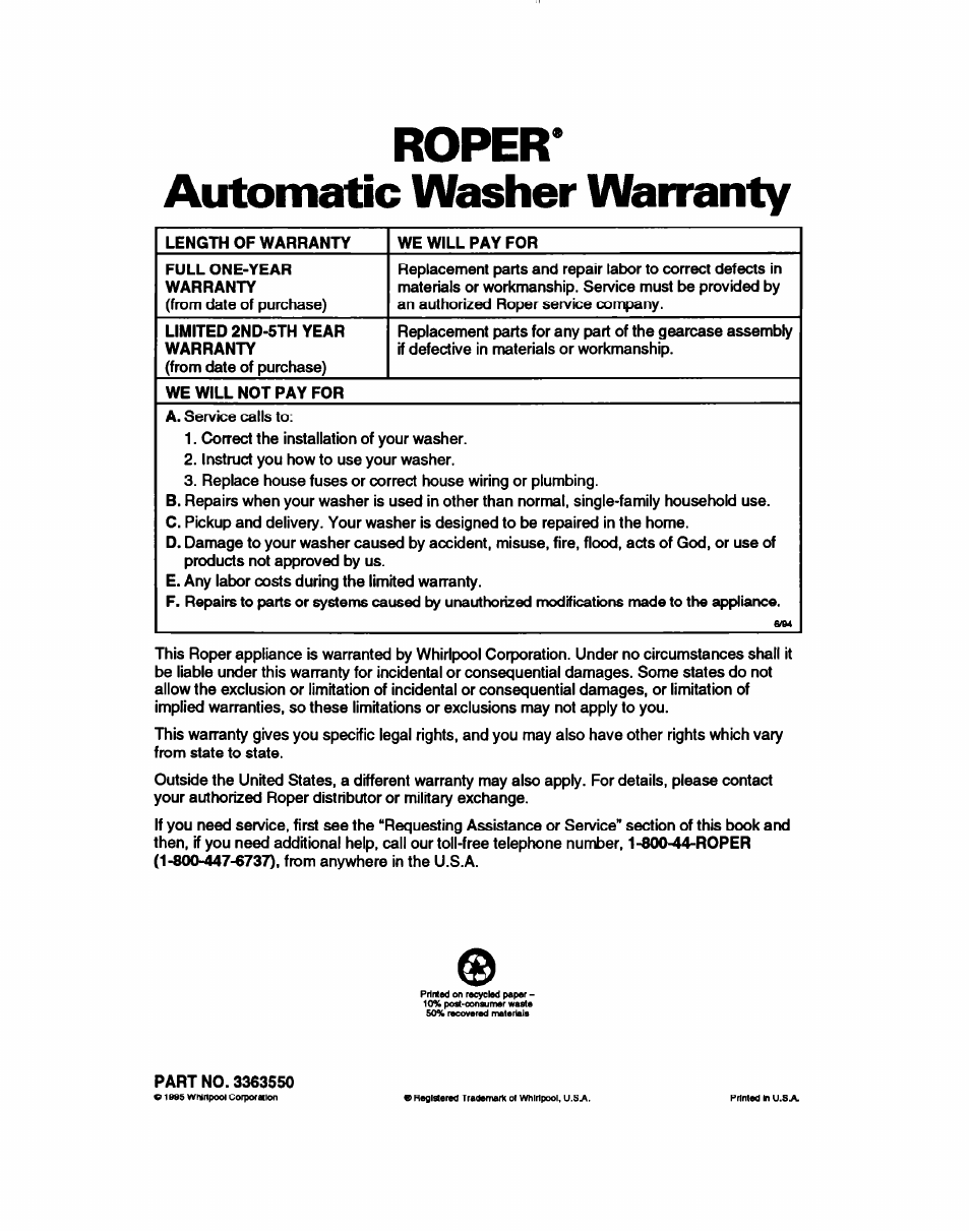 Roper, Automatic washer warranty, Roper* automatic washer warranty | Whirlpool Roper RAB4232DL0 User Manual | Page 20 / 20