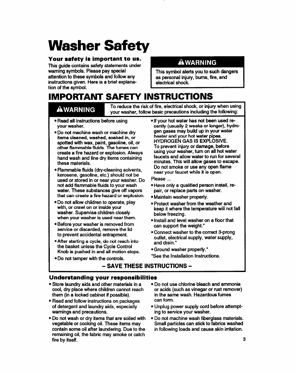 Washer safety, Your safety is important to us, Ikwarning | Warning, Save these instructions, Understanding your responsibilities, Important safety instructions | Whirlpool Roper RAB4232DL0 User Manual | Page 3 / 20