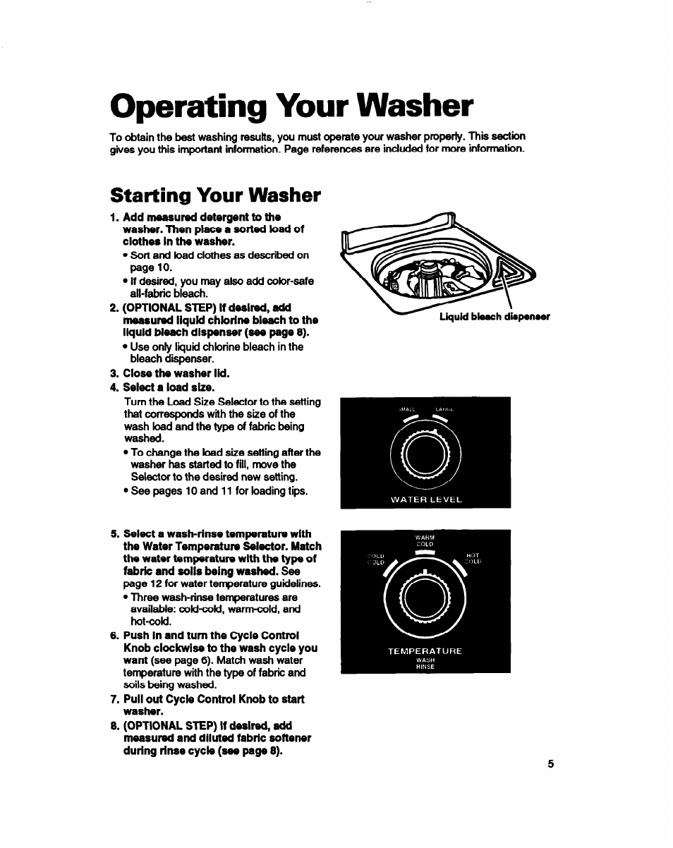 Operating your washer, Starting your washer | Whirlpool Roper RAB4232DL0 User Manual | Page 5 / 20