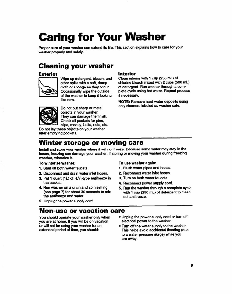 Caring for your washer, Cleaning your washer, Interior | Winter storage or moving care, Non-use or vacation care | Whirlpool Roper RAB4232DL0 User Manual | Page 9 / 20