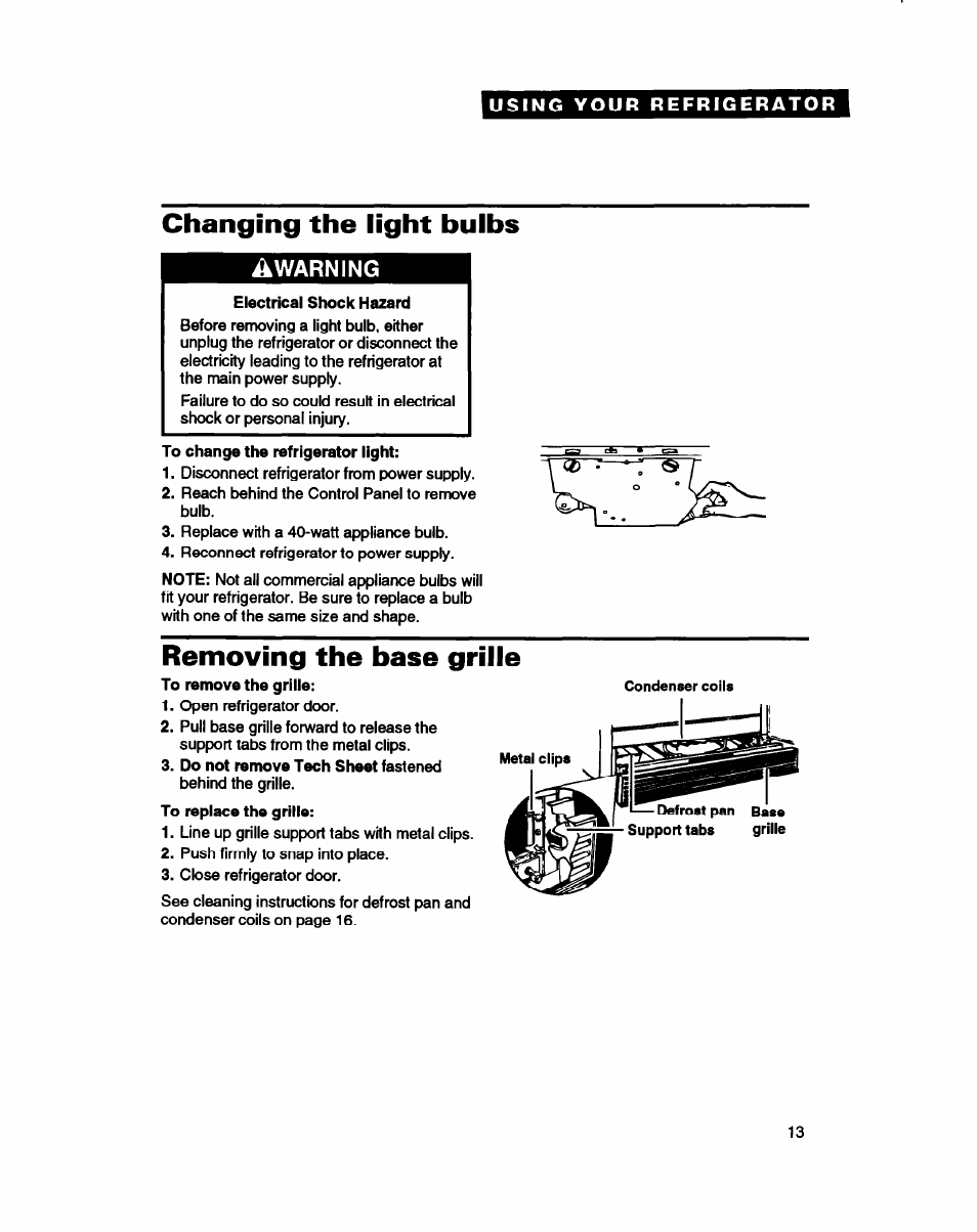 Changing the light bulbs, Warning, Removing the base grille | Whirlpool ETZOTK User Manual | Page 13 / 22