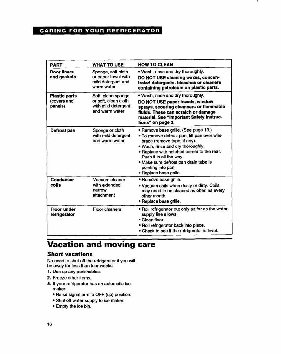 Vacation and moving care, Short vacations | Whirlpool ETZOTK User Manual | Page 16 / 22