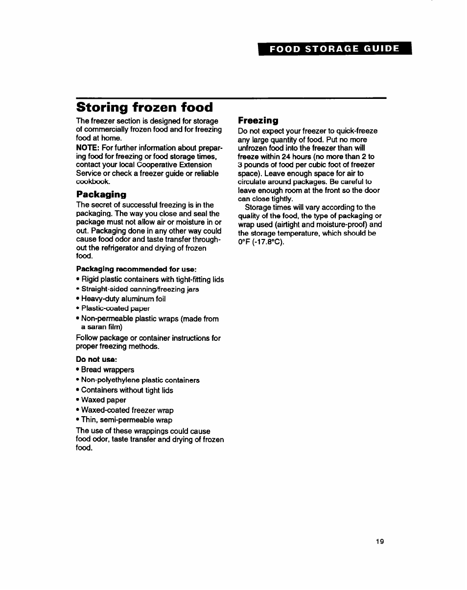 Storing frozen food | Whirlpool ETZOTK User Manual | Page 19 / 22