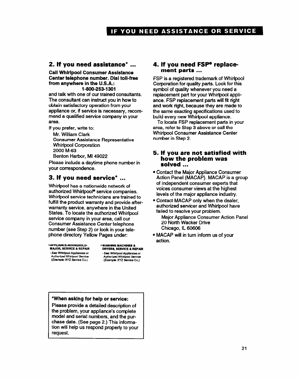 If you need assistance, If you need service, If you need fsp* replacement parts | Whirlpool ETZOTK User Manual | Page 21 / 22