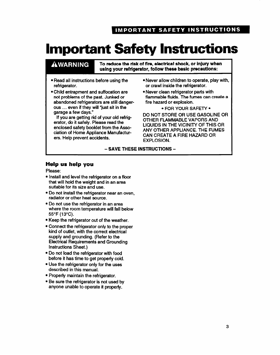 Important safety instructions, Help us help you, Important safety | Insbuctions, A warning | Whirlpool ETZOTK User Manual | Page 3 / 22